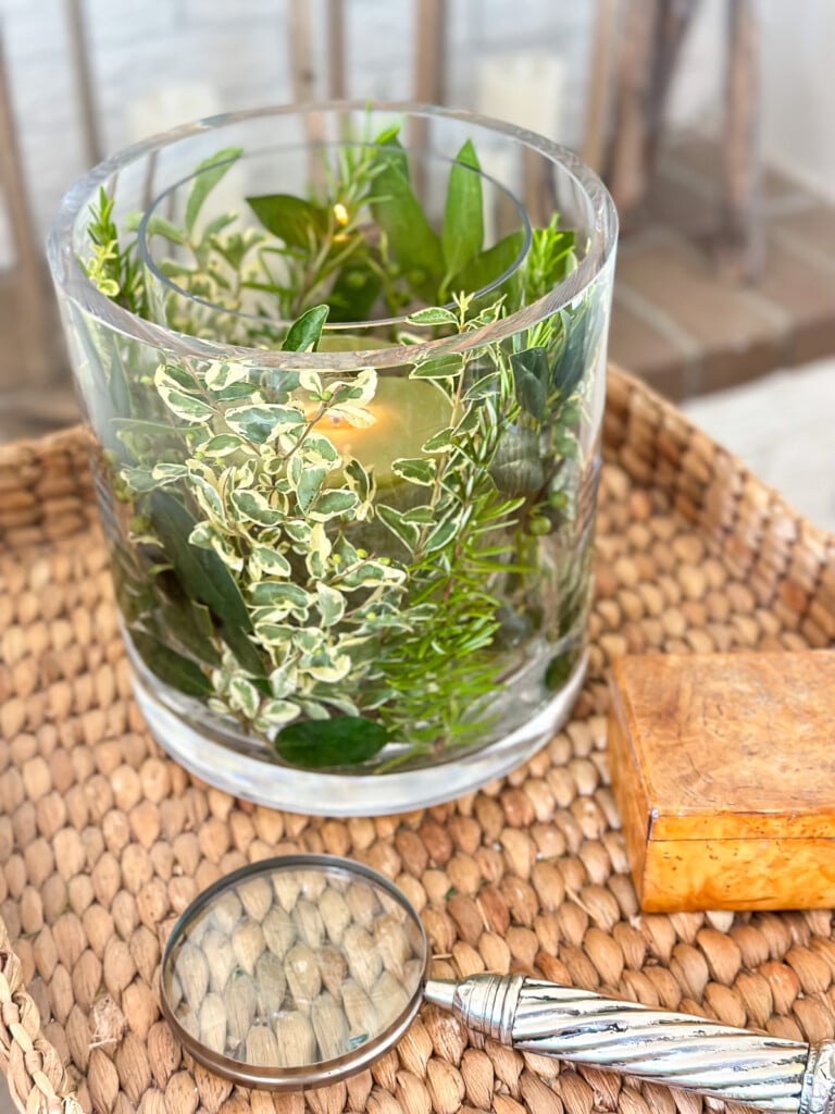 glass candle vase DIY made using 2 glass vases to make a summer vase filled with herbs or greenery for table decoration.