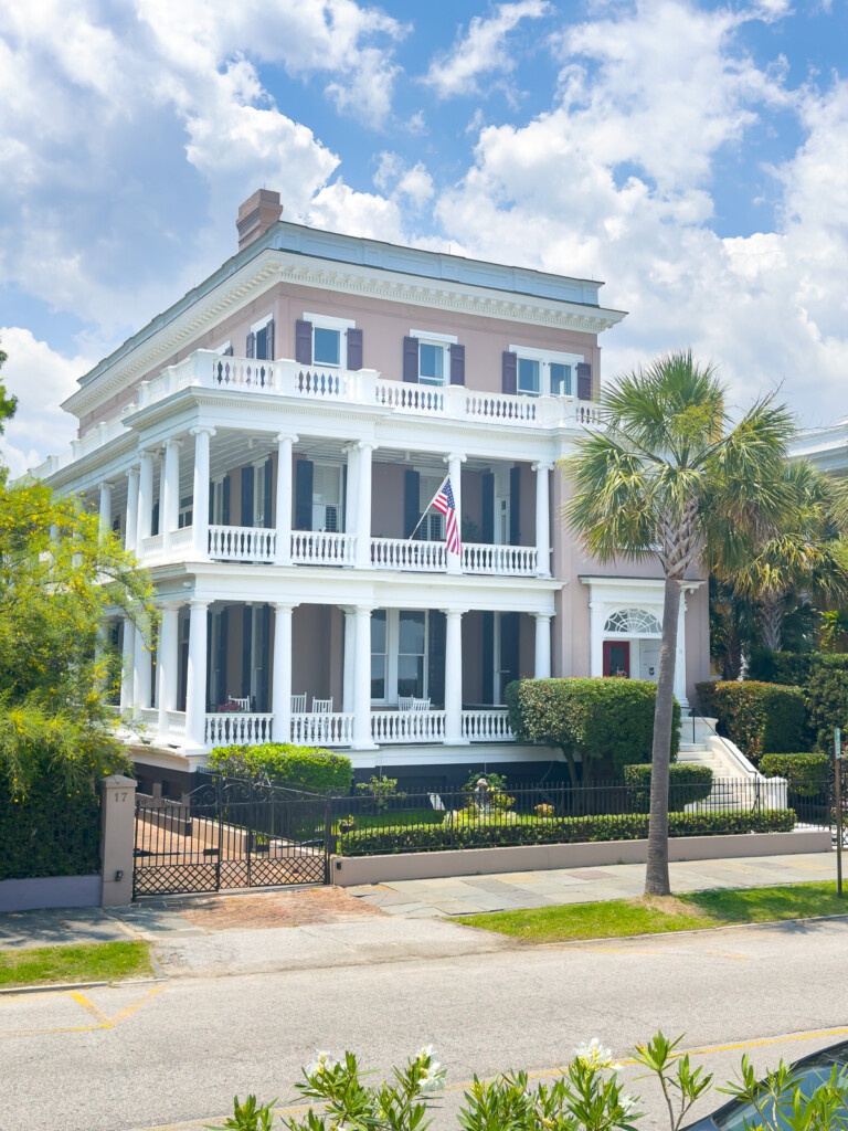 Historic pink and white 3 level mansion in Charleston, SC