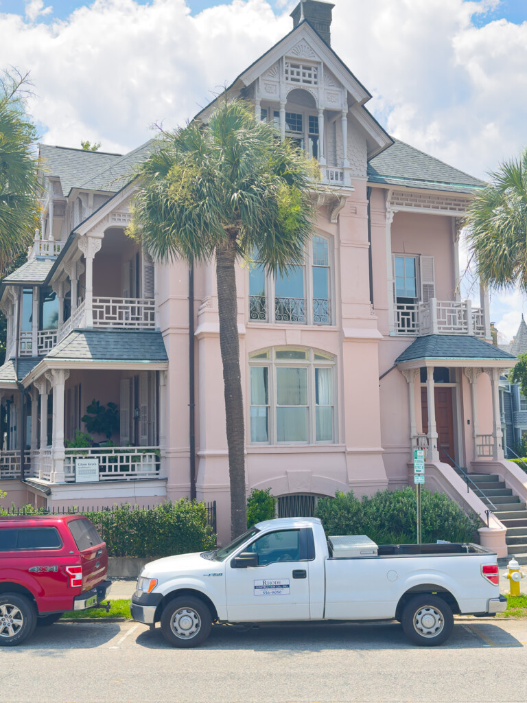 Historic pink and white ornate mansion in Charleston, SC