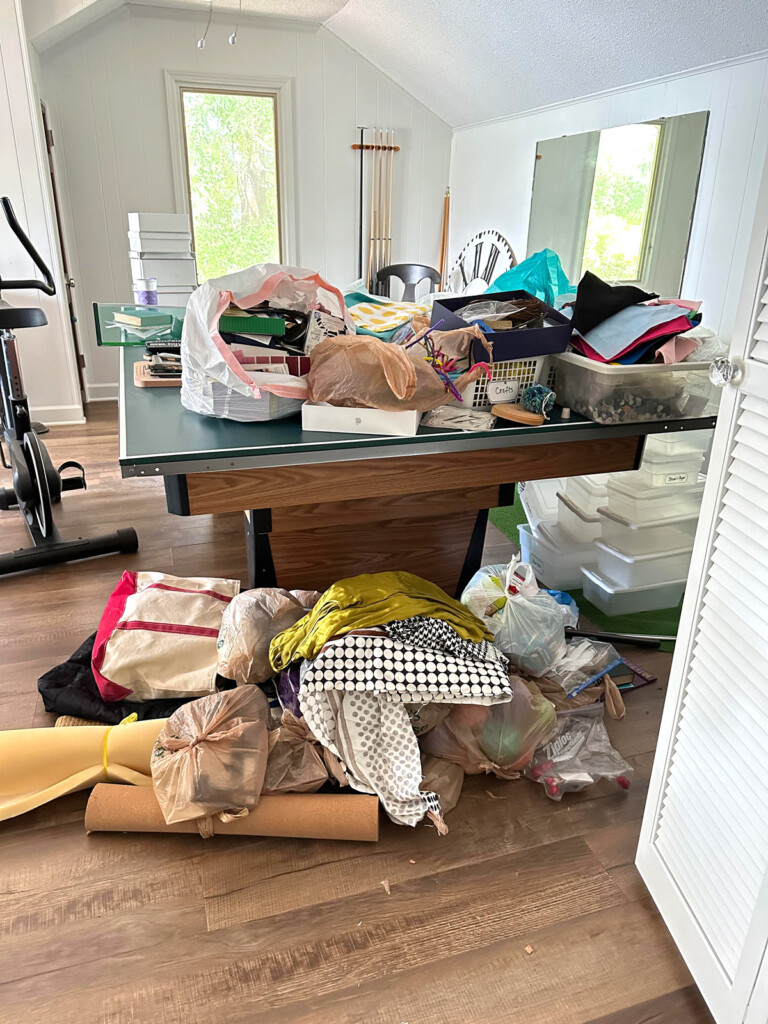 piles of stuff for the thrift store