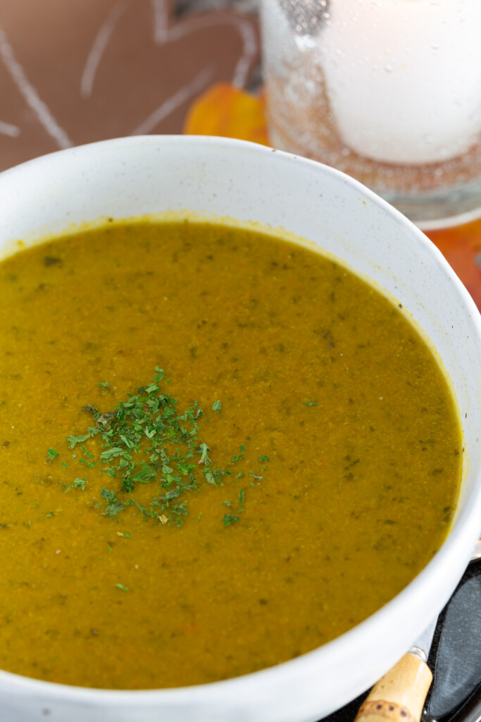 close up image of healthy fall soup that is vegan and SOS free.