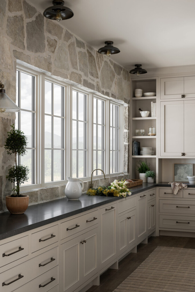 mcgee and co spec house kitchen with stone wall