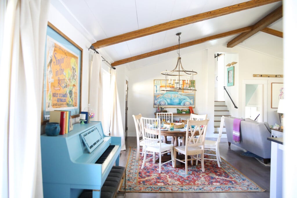 The Handmade Home's great room decorated for an active family using bright and cheery colors.