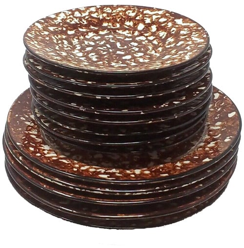 stack of sponge-pattern-stangal-town-and-country plates in brown and white