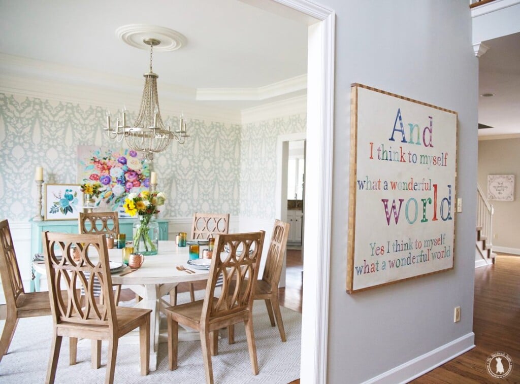 Pretty and colorful dining room decorated by Ashley Mills of The Handmade Home.
