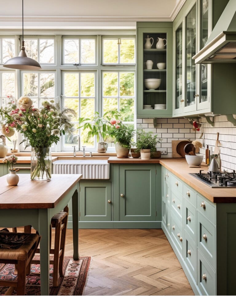 green-kitchen-cabinets-in-kitchen. Wood countertops and floor with large window
