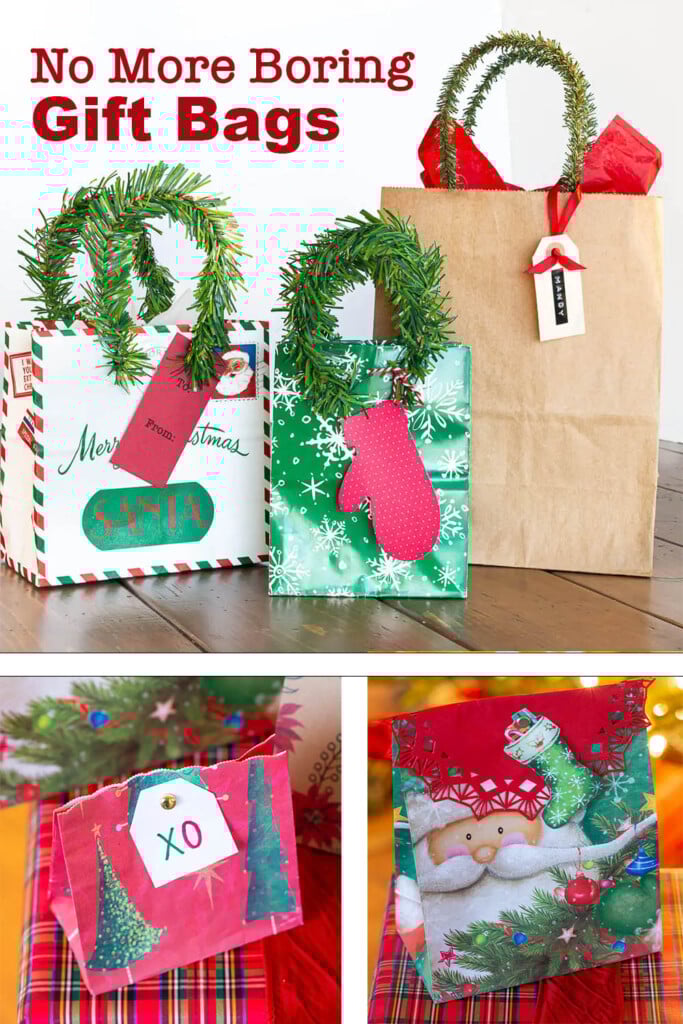 5 store bought Christmas gift bags that have been tweaked to be more stylish.