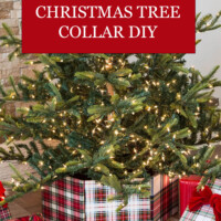 Dollar Store Finds a Christmas tree with a collar at the base made with plaid fabric and photo frames.