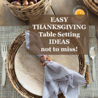 Thanksgiving table place setting in browns and white. Text overlay says Easy Thanksgiving Table Setting Ideas not to miss!