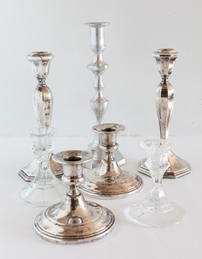 silver and glass candle stick holders without candle rings