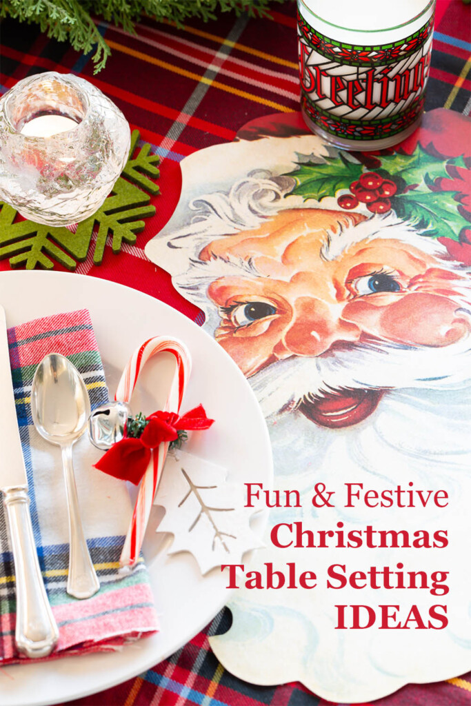 Fun and festive Christmas table setting idea for kids of all ages using Santa face placemats and candy canes.
