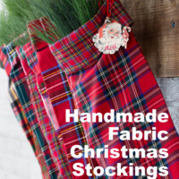 Handmade fabric Christmas stockings and free vintage Santa face gif tag printable.