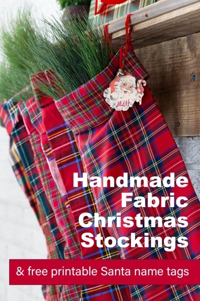 Handmade fabric Christmas stockings and free vintage Santa face gif tag printable.