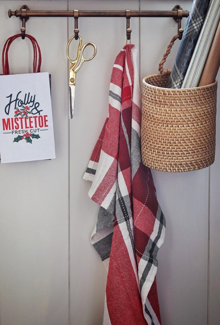 Christmas gift wrapping station in a pantry