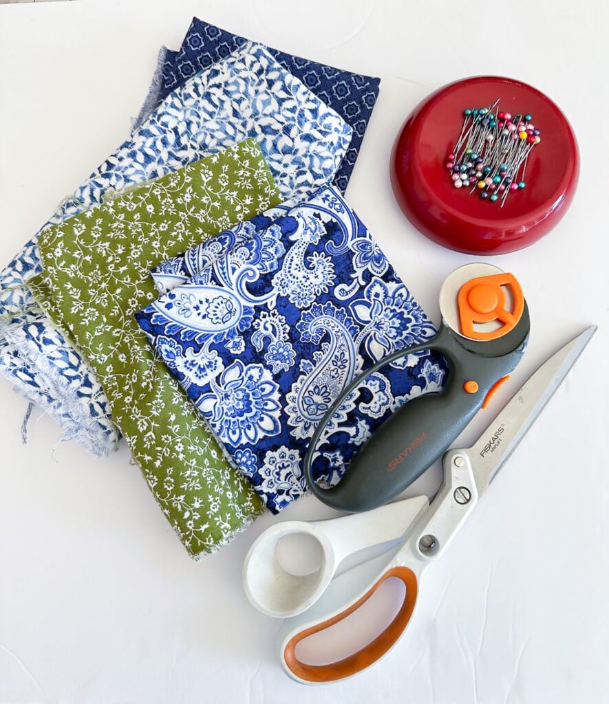 supplies needed to make cloth napkins that are 2 ply - fabric, thread, straight pins, scissors, rotary cutter and a cardboard template