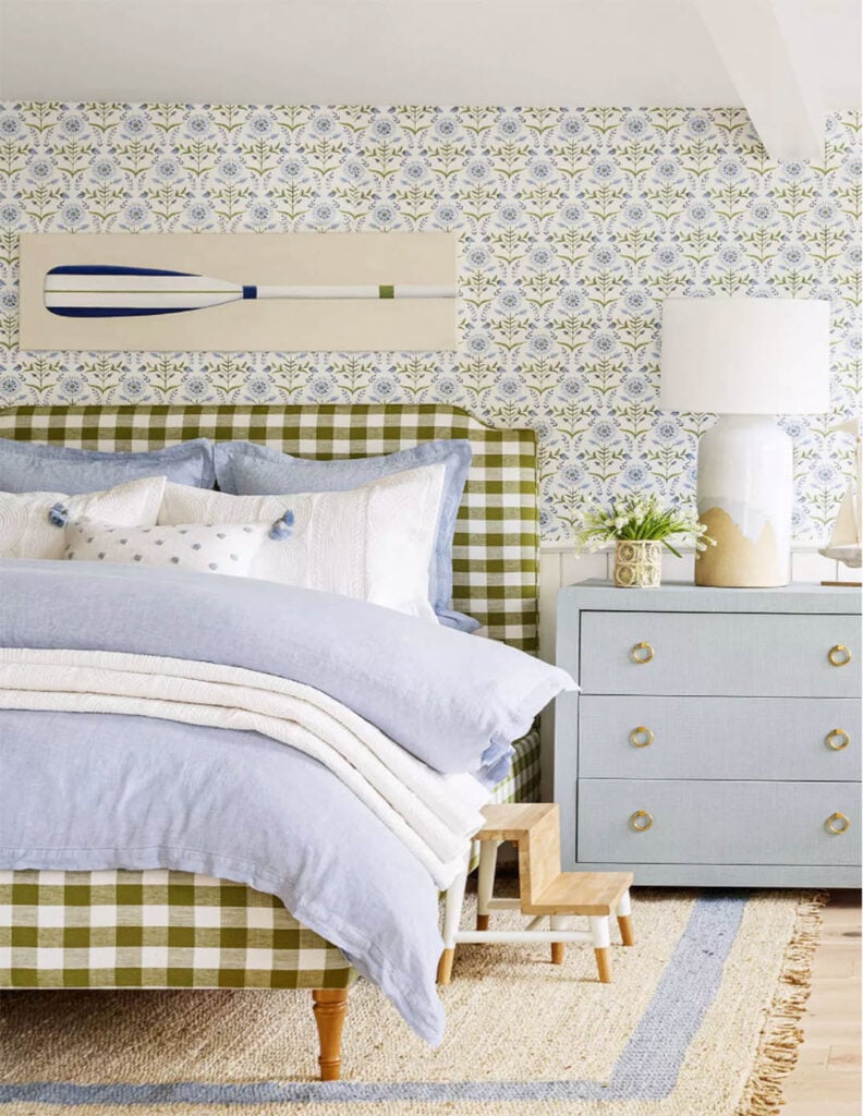 Serena & Lily blue and green bedroom showing a step stool by the bed.