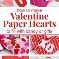 6 images in collage showing how to make Valentine Paper Hearts to fill with candy or gifts.