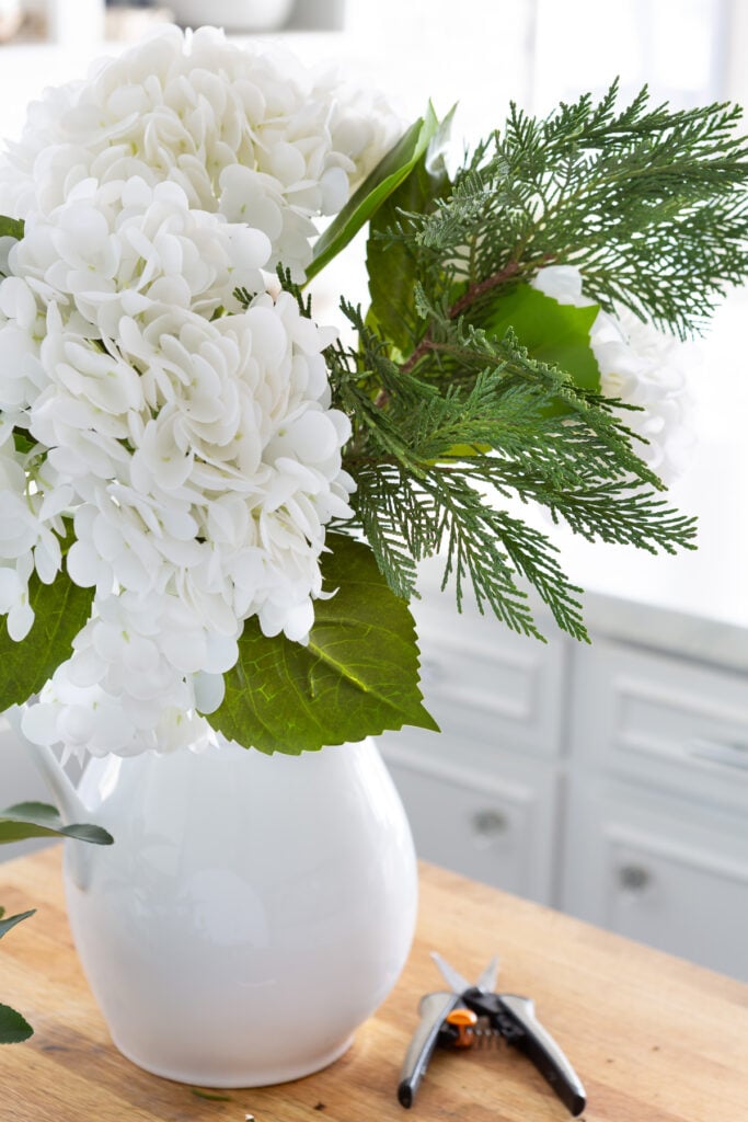 Evergreen greenery from yard and winter white hydrangeas being arranged in a tall white pitcher.