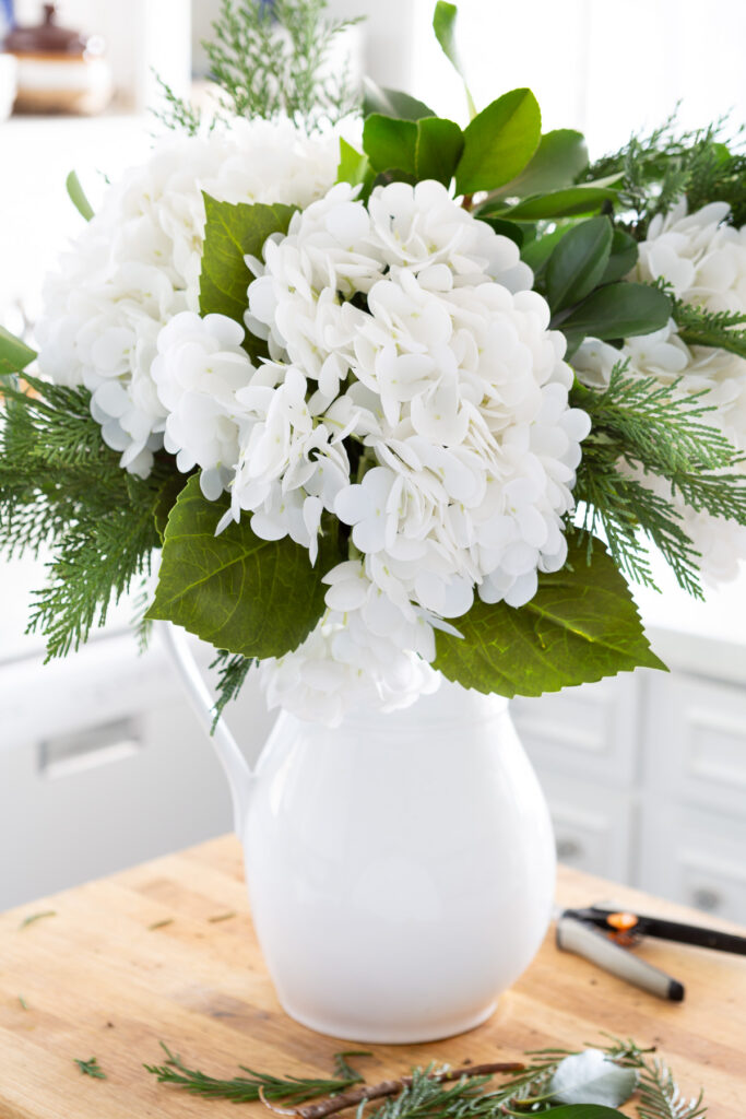 Evergreen greenery from yard and winter white hydrangeas being arranged in a tall