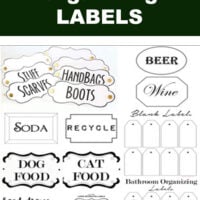 black and white line drawings of labels for bins, baskets and boxes. Text overlay says Free printable organizing labels.
