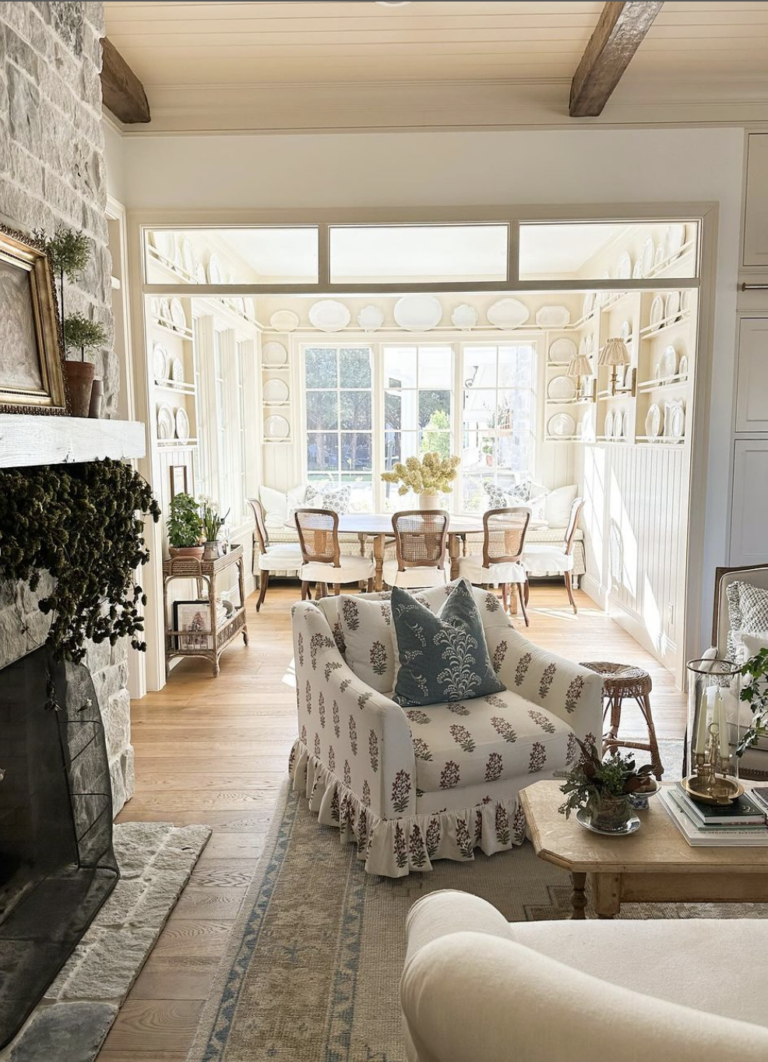 blooming ivy lanes living room looking into dining room.