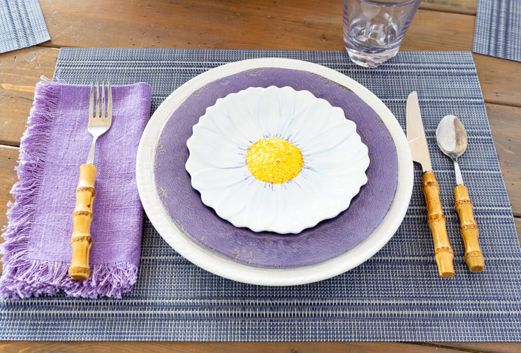 Easter dining table place setting without a plate charger.