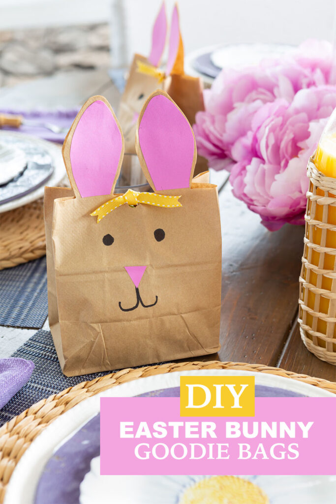 DIY Easter bunny goodie bag placed on a Easter table near each place setting.