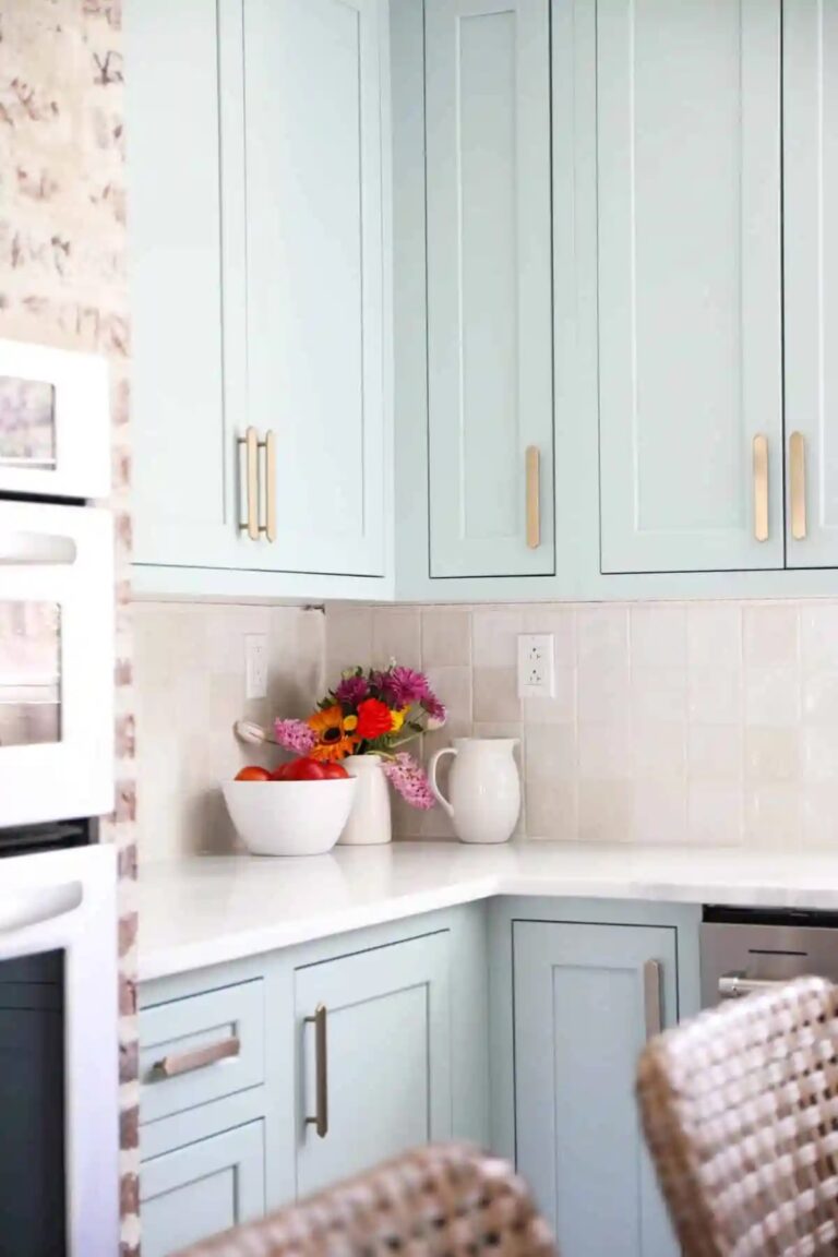 light blue cabinets in kitchen
