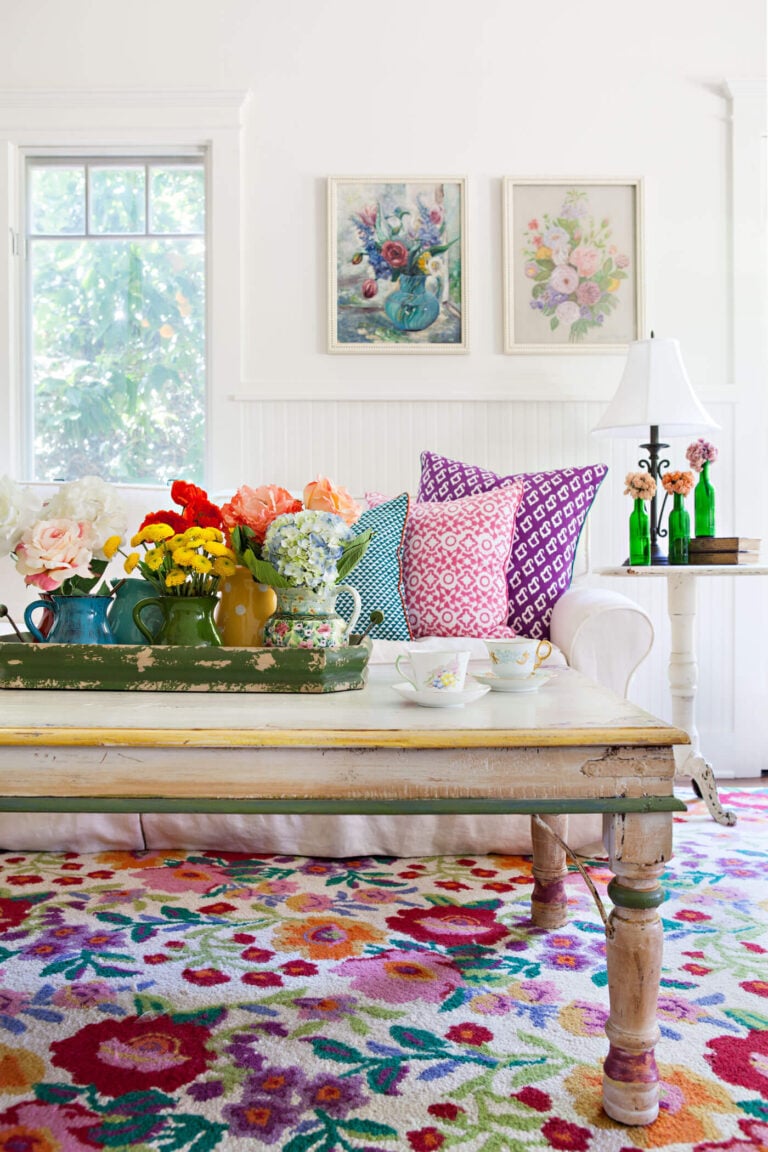 cheery and colorful living room with lots of happy colors.