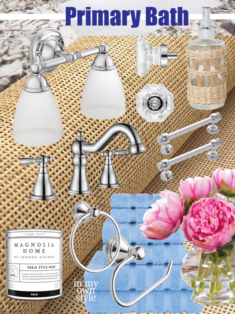 collage of decorative items for refreshing a primary bath.