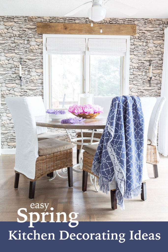 easy spring kitchen decorating ideas. blue and white kitchen with rustic accents.