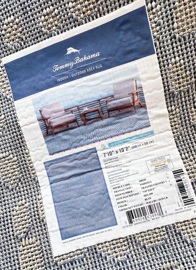 Label on Tommy Bahama area rug.