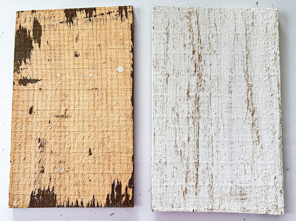 Rough wood board before and after getting Amy Howard Home specialty finish of Better with Age and Venetian Plaster.