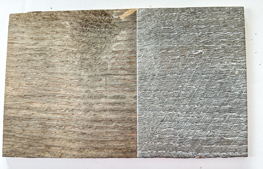 before and after of a piece of wood that has a specialty paint finish on it called Better With Age and Liming Wax on top