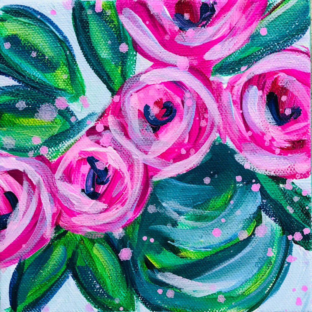 art canvas with painted pink flowers in a green and teal vase by Jennifer Paganelli. 