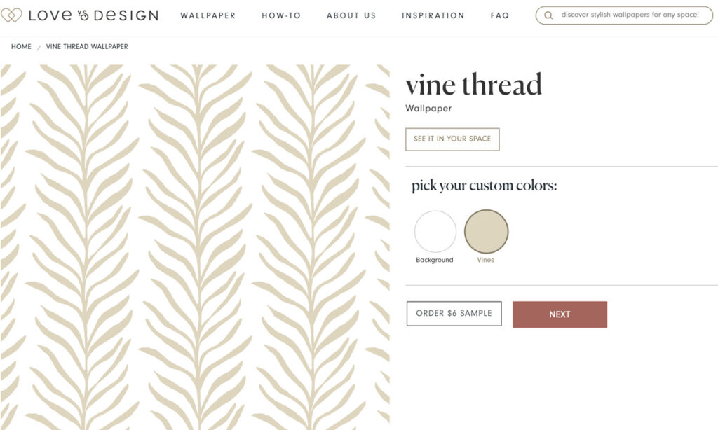 Love Vs Design wallpaper pattern Vine Thread in the color white and wheat.