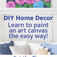 Blue canvas with painted pink flowers on a mantel.