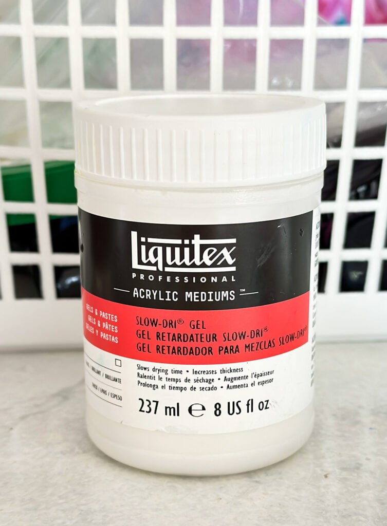 a jar of Liquitex Acrylic Medium - Slow Dry Gel used to thicken and add texture to acrylic paint and allow for slow drying.