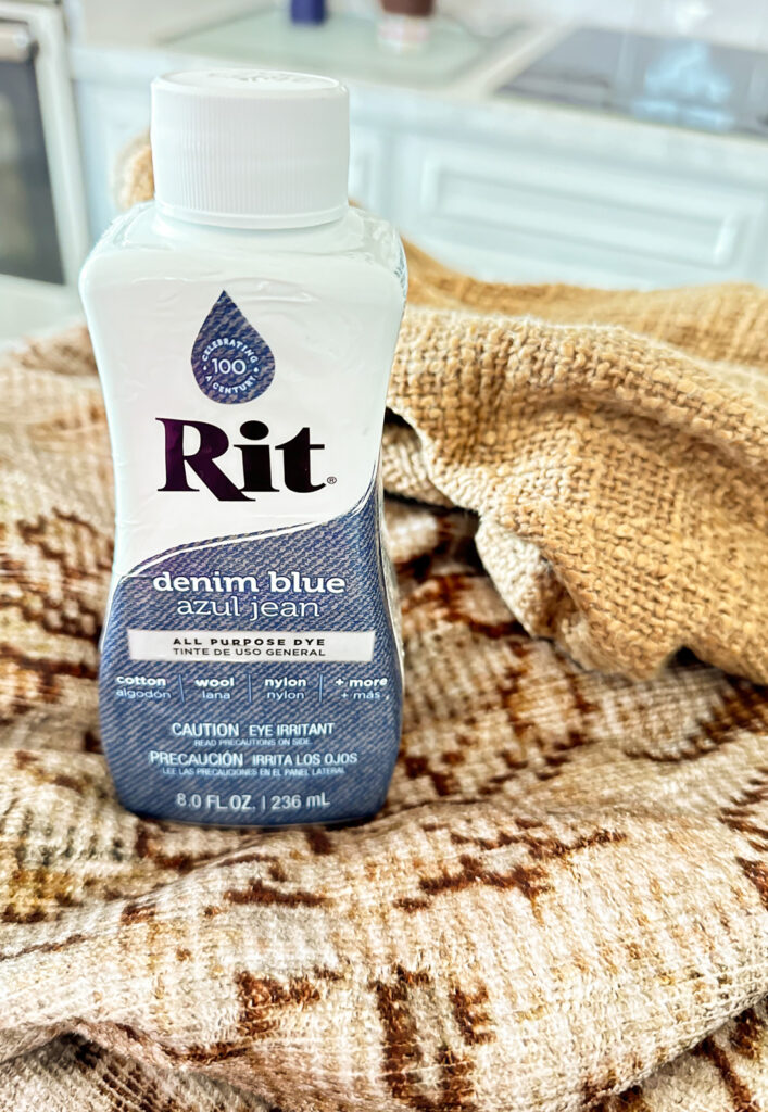 a bottle of Rit All purpose dye in the color denim blue