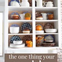 Home decor ideas for open shelves in a kitchen using wallpaper. It is the one thing your open shelving may be missing.