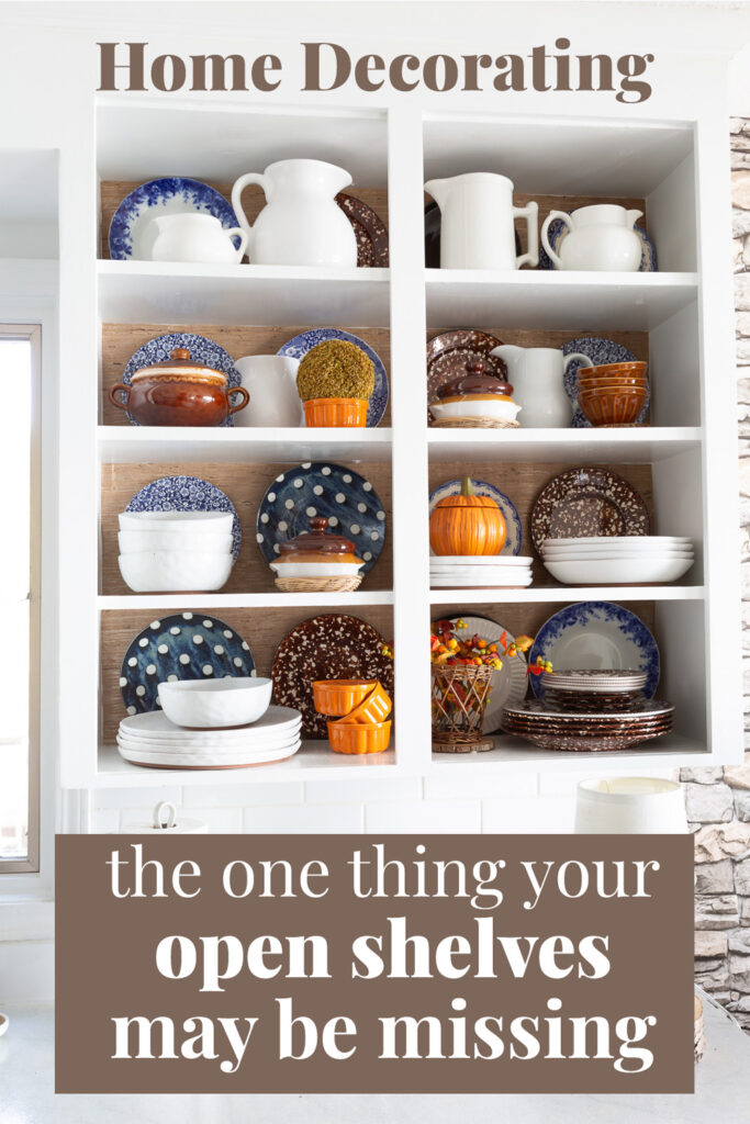 Home decor ideas for open shelves in a kitchen using wallpaper. It is the one thing your open shelving may be missing.