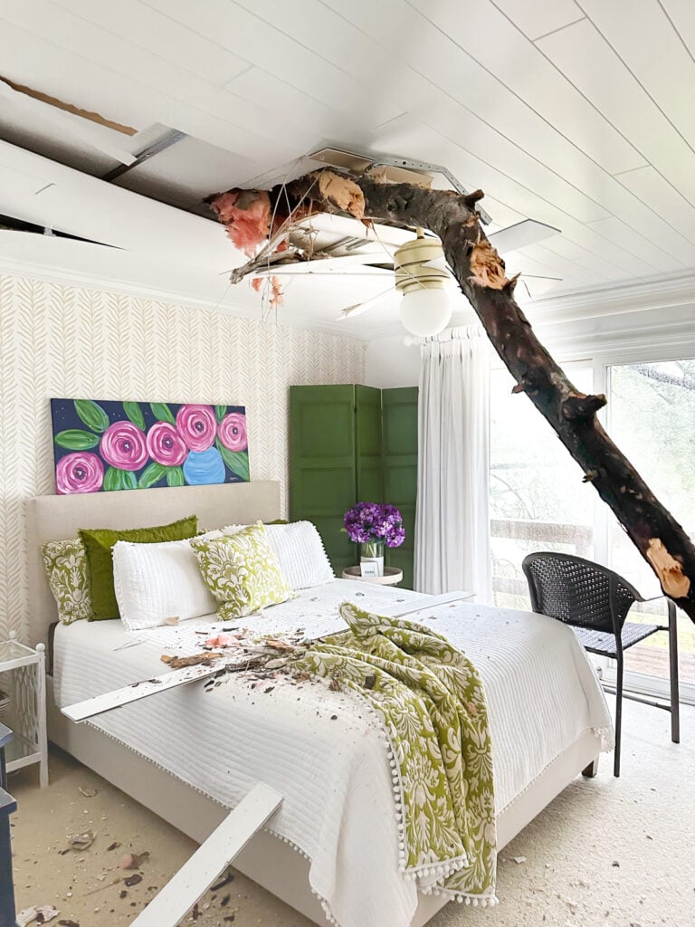 interior house damage from a tree crashing through roof during Hurricane Helene September 2024