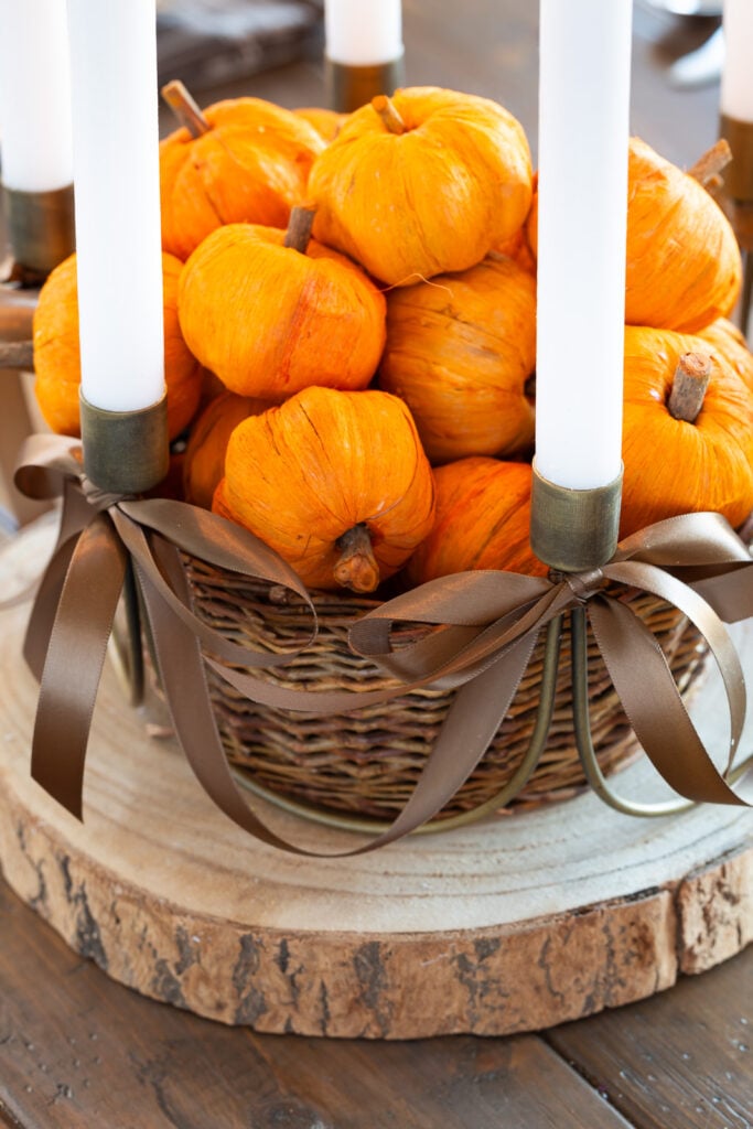 Antique Gold 6 Taper Candle Centerpiece on wood table for Thanksgiving.