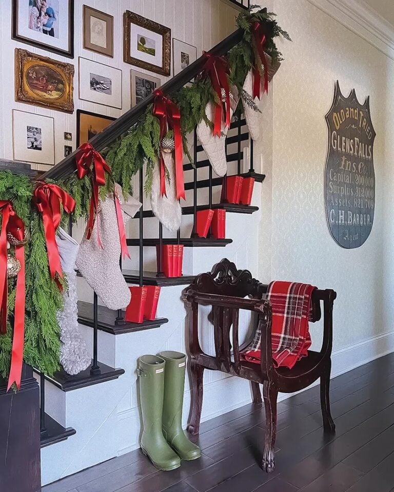 Staircase decorated for Christmas