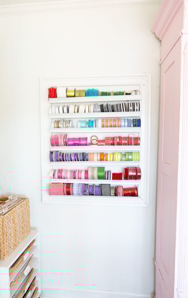 How to organize spools of ribbon in a craft room.