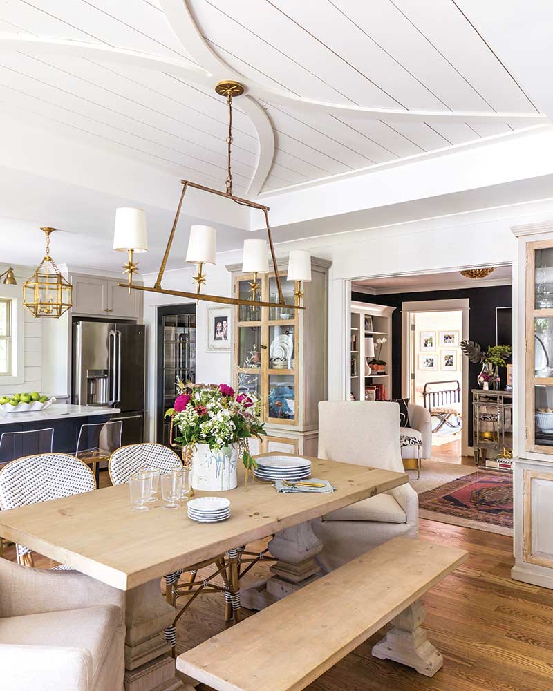 blue and white kitchen and dining area