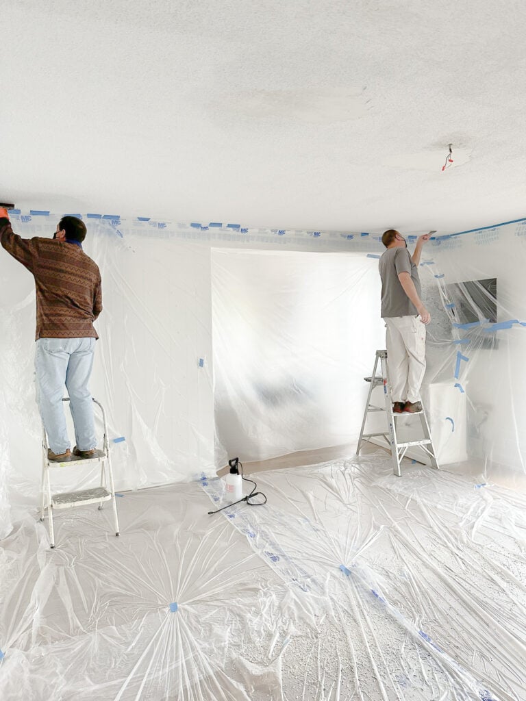 living room taped off while making over ceiling