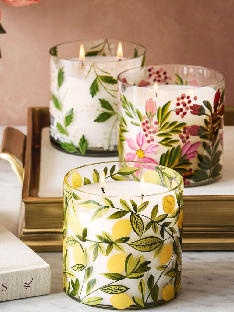 3 pretty hand painted glass candleholders from Pottery Barn