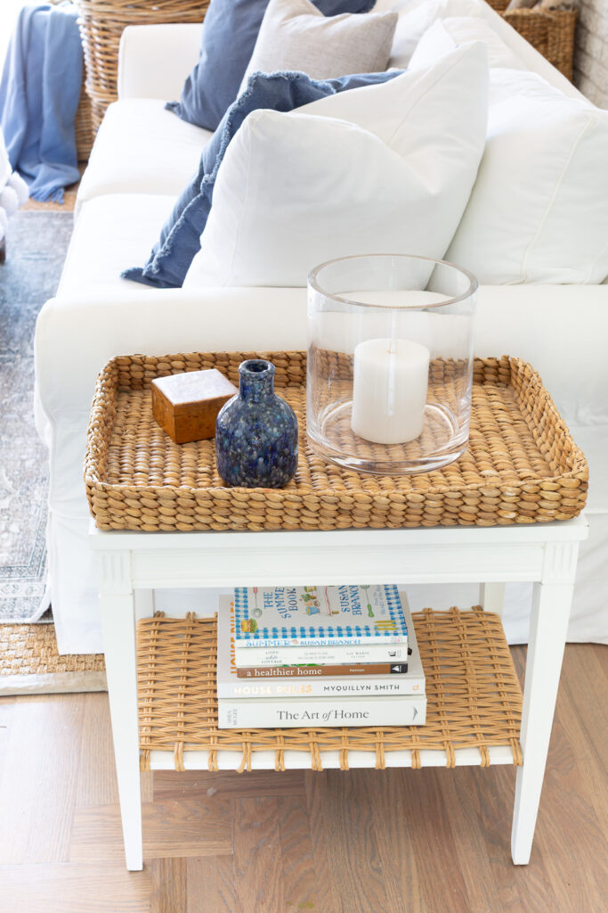 DIY two-tiered side table in coastal living room