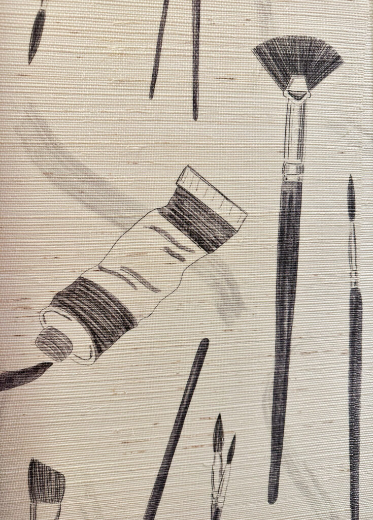 paint tubes and brush black and white illustration wallpaper in Southern Living Idea House- Charlottesville